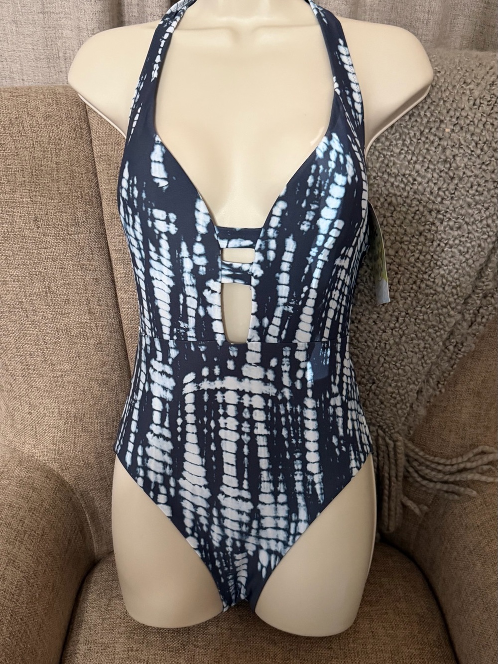 Ladies XS Navy and White Tie-Dye One-Piece Swimsuit - Halter Style